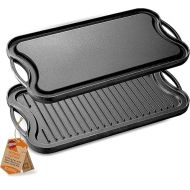 NutriChef Reversible Plate-PFOA & PFOS Free Oven Safe Flat Cast Iron Skillet Griddle Grilling Pan w/Scraper for Electric Stovetop, Ceramic NCCIRG64, BLACK