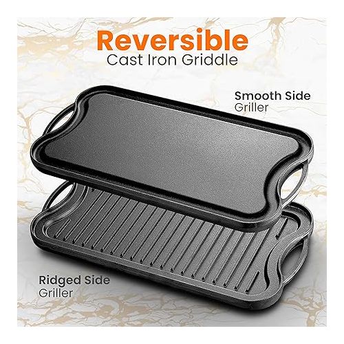  NutriChef Reversible Plate-PFOA & PFOS Free Oven Safe Flat Cast Iron Skillet Griddle Grilling Pan w/Scraper for Electric Stovetop, Ceramic NCCIRG64, BLACK