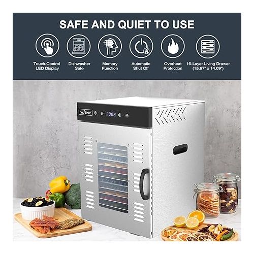  NutriChef Commercial Electric Food Dehydrator Machine - 16 Shelf Extra Large Capacity - Stainless Steel Trays - 1500-Watts, Digital Timer & Temperature Control - 18.58 x 19.10 x 24.88 IN