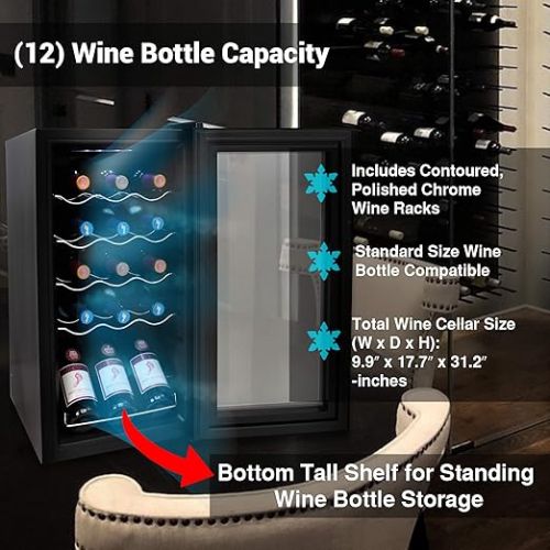  NutriChef Compressor Refrigerator White & Red Chiller Countertop Cooler-Freestanding Compact Mini Wine 15 Bottle Capacity, Digital, Glass Door, Black, Quiet Operation Fridge Touch Temperature Control