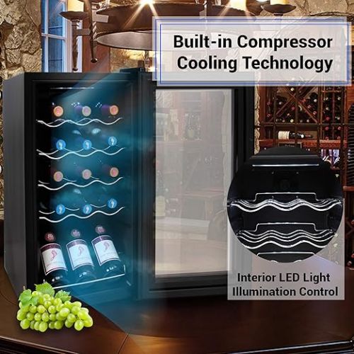  NutriChef Compressor Refrigerator White & Red Chiller Countertop Cooler-Freestanding Compact Mini Wine 15 Bottle Capacity, Digital, Glass Door, Black, Quiet Operation Fridge Touch Temperature Control