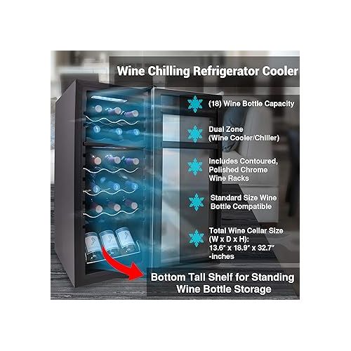  NutriChef PKCWCDS185 Cellar Cooler for White and Red Wines Chiller, 18 Bottle Dual Zone-Stainless Steel