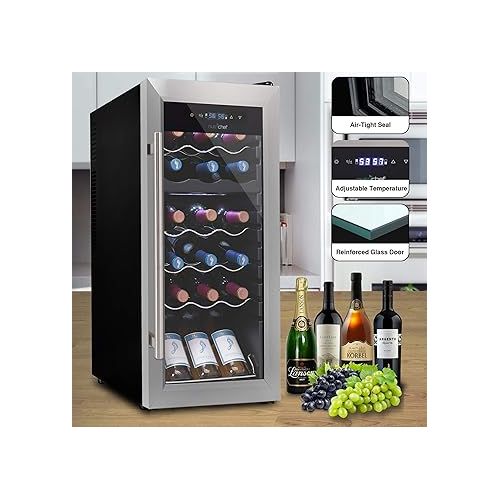  NutriChef PKCWCDS185 Cellar Cooler for White and Red Wines Chiller, 18 Bottle Dual Zone-Stainless Steel