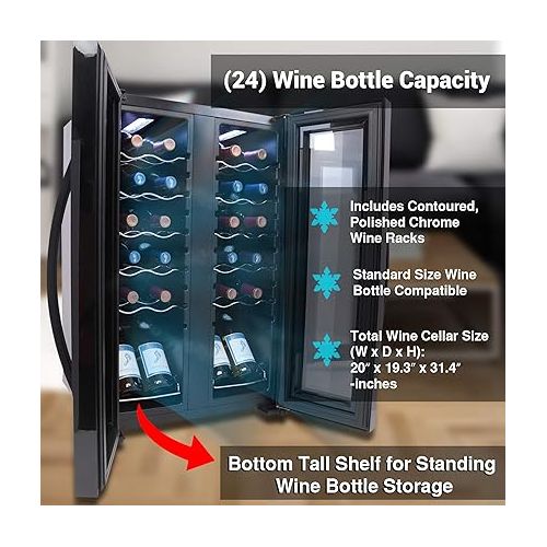  NutriChef PKCWC240 Cellar Cooler for White and Red Wines Chiller, 24 Bottle Dual Zone-Black