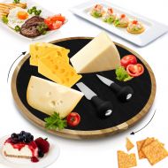 Round Slate Cheese Platter Set - Lazy Susan Food Tray - Appetizer Wooden Serving Board - Natural Flat Stone Slab Plate with 2 Stainless Steel Cutting Knives - NutriChef PKCZBD40