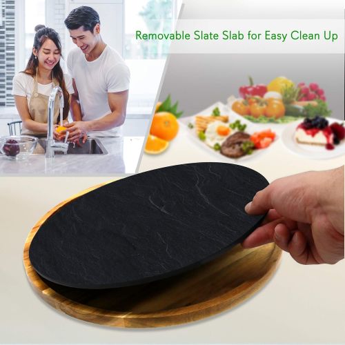  Round Slate Cheese Platter Set - Lazy Susan Food Tray - Appetizer Wooden Serving Board - Natural Flat Stone Slab Plate with 2 Stainless Steel Cutting Knives - NutriChef PKCZBD40