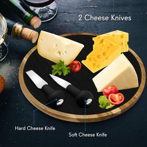  Round Slate Cheese Platter Set - Lazy Susan Food Tray - Appetizer Wooden Serving Board - Natural Flat Stone Slab Plate with 2 Stainless Steel Cutting Knives - NutriChef PKCZBD40