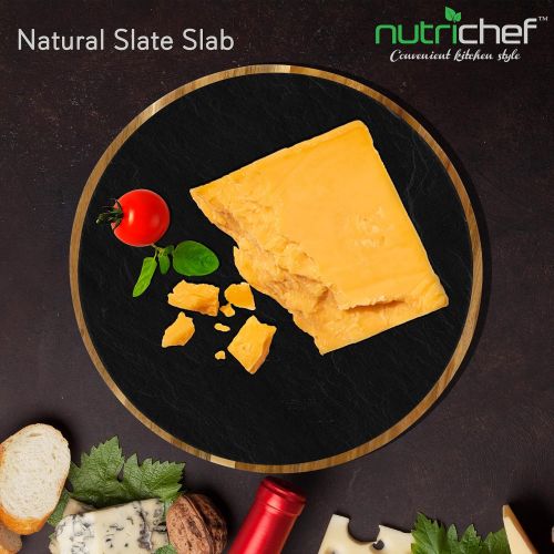  Round Slate Cheese Platter Set - Lazy Susan Food Tray - Appetizer Wooden Serving Board - Natural Flat Stone Slab Plate with 2 Stainless Steel Cutting Knives - NutriChef PKCZBD40