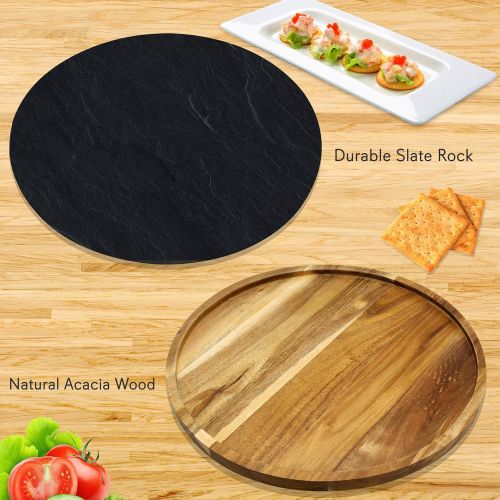  Round Slate Cheese Platter Set - Lazy Susan Food Tray - Appetizer Wooden Serving Board - Natural Flat Stone Slab Plate with 2 Stainless Steel Cutting Knives - NutriChef PKCZBD40