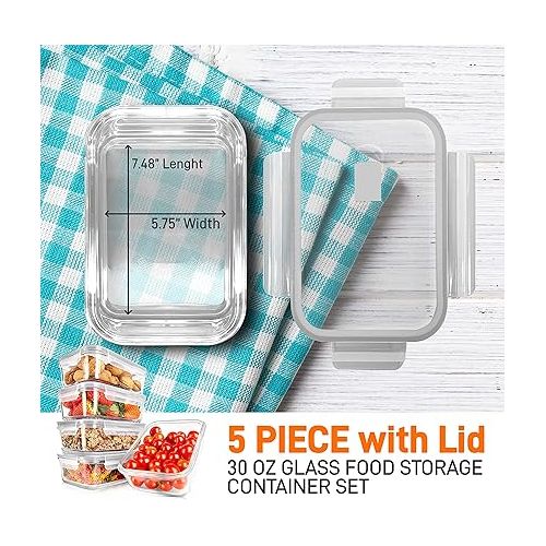  NutriChef 10-Piece Glass Food Containers - Stackable Superior Glass Meal-prep Storage Containers, Newly Innovated Leakproof Locking Lids w/Air Hole, Freezer-to-Oven-Safe (Gray)