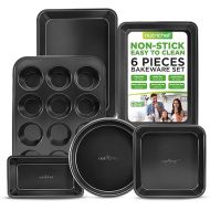 NutriChef 6-Piece Nonstick Baking Pans Set - Black Carbon Steel with Premium Non-Stick Coating - Includes Cookie Baking Sheets, 12-Cup Muffin Pan, Roasting Pan, Loaf & Cake Pans - Dishwasher Safe