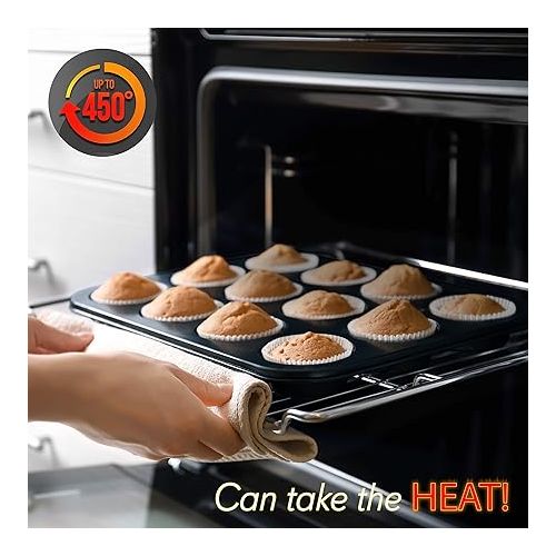  NutriChef 6-Piece Nonstick Baking Pans Set - Black Carbon Steel with Premium Non-Stick Coating - Includes Cookie Baking Sheets, 12-Cup Muffin Pan, Roasting Pan, Loaf & Cake Pans - Dishwasher Safe