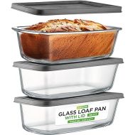 NutriChef 3-Piece Glass Loaf Pan Set - 1.9 QT Premium Stackable Food Containers w/ Airtight Locking Lid - Oven, Microwave, & Dishwasher Safe - 62oz Bread Pan Dish, Clear Glass