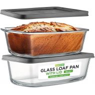 NutriChef 2-Piece Glass Loaf Pan Set, 1.9-QT Stackable Tempered Glass Bread Pans w/Airtight BPA-Free Lid - Dishwasher, Oven, & Microwave Safe, 62oz Loaf Dish Set