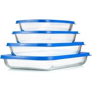 NutriChef 4-Piece Glass Baking Dish with Lids - Stackable Rectangular Glass Oven Bakeware w/Blue BPA-Free Lids - Baking Pans for Lasagna, Meatloaf, Casserole, Leftovers, & More, Dishwasher Safe