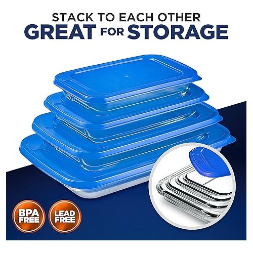  NutriChef 4-Piece Glass Baking Dish with Lids - Stackable Rectangular Glass Oven Bakeware w/Blue BPA-Free Lids - Baking Pans for Lasagna, Meatloaf, Casserole, Leftovers, & More, Dishwasher Safe