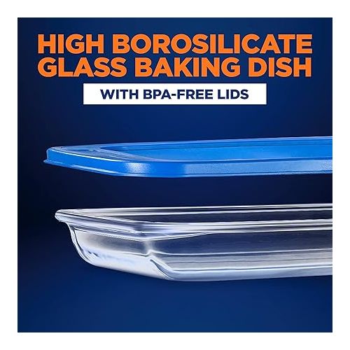  NutriChef 4-Piece Glass Baking Dish with Lids - Stackable Rectangular Glass Oven Bakeware w/Blue BPA-Free Lids - Baking Pans for Lasagna, Meatloaf, Casserole, Leftovers, & More, Dishwasher Safe