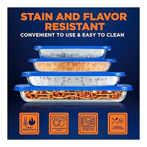  NutriChef 4-Piece Glass Baking Dish with Lids - Stackable Rectangular Glass Oven Bakeware w/Blue BPA-Free Lids - Baking Pans for Lasagna, Meatloaf, Casserole, Leftovers, & More, Dishwasher Safe