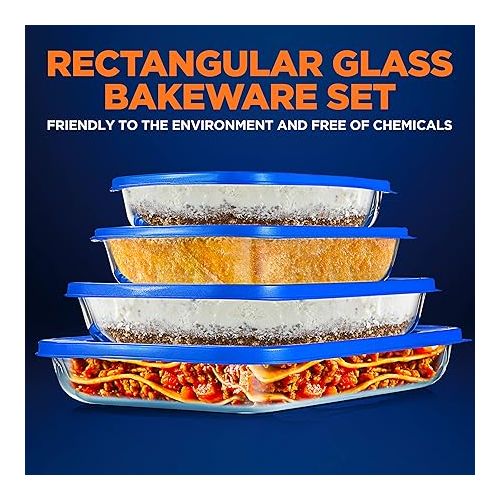  NutriChef 4-Piece Glass Baking Dish with Lids - Stackable Rectangular Glass Oven Bakeware w/Blue BPA-Free Lids - Baking Pans for Lasagna, Meatloaf, Casserole, Leftovers, & More, Dishwasher Safe
