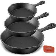 NutriChef 3-Piece Cast Iron Skillet Set - Pre-Seasoned Nonstick Cookware with Cool-Touch Silicone Handles & Drip Spout, For All Cooktops, Sizes included: 6