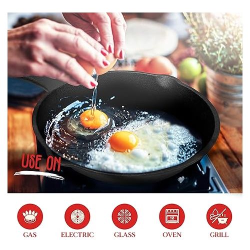  NutriChef 3-Piece Cast Iron Skillet Set - Pre-Seasoned Nonstick Cookware with Cool-Touch Silicone Handles & Drip Spout, For All Cooktops, Sizes included: 6