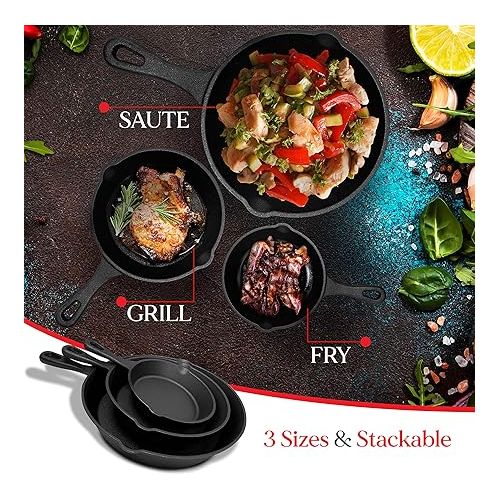  NutriChef 3-Piece Cast Iron Skillet Set - Pre-Seasoned Nonstick Cookware with Cool-Touch Silicone Handles & Drip Spout, For All Cooktops, Sizes included: 6