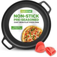 NutriChef 13-Inch Flat Cast Iron Pizza Pan - Versatile Pre-Seasoned Round Cooking Griddle w/ Built-In Handles for Oven, Grill, Stove, and Campfires - Includes 2 Heat Safe Silicone Grips