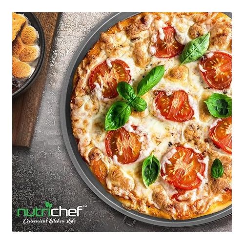  NutriChef 12.8 Inch Nonstick Pizza Pan for Oven - Carbon Steel Pizza Baking Tray with Airflow Holes - Premium Bakeware for Fresh & Frozen Pizza, Dishwasher Safe - Gray