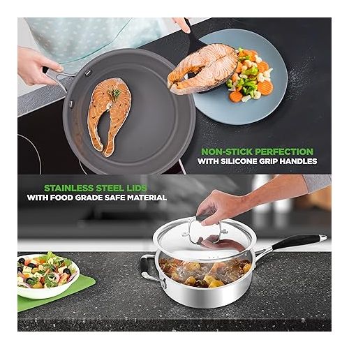  NutriChef Kitchenware Pots & Pans Set - 12-Piece Set Clad Kitchen Cookware w/ Silicone Grip Handles, Fry Pan Interior Coated w/ Prestige Ceramic Non-Stick Coating, Stylish Kitchen Cookware