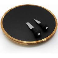 NutriChef Rotating Lazy Susan Cheese Board - 12 Inch Diameter Acacia Wood Platter Turntable Serving Set w/ Slate Stone Plate, Stainless Steel Cutting Knives, For Picnic / Wine, Gifts - Nutri