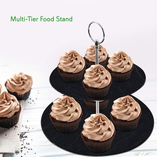  NutriChef Two Tier Slate Cake Stand - Round Multi Tiered Tray Serving Plate, Cupcake Holder Display, Dessert Tower, Fruit Platter w/Stainless Steel Rods and Handle, For Wedding, Birthday - N