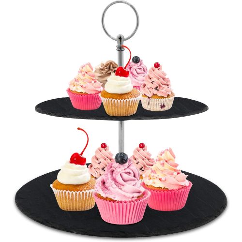  NutriChef Two Tier Slate Cake Stand - Round Multi Tiered Tray Serving Plate, Cupcake Holder Display, Dessert Tower, Fruit Platter w/Stainless Steel Rods and Handle, For Wedding, Birthday - N