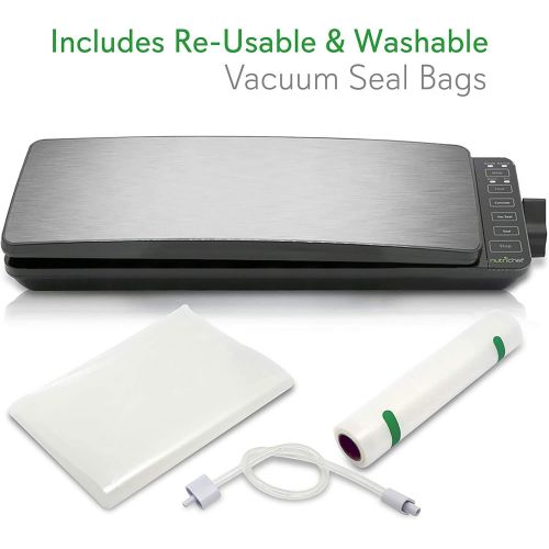  Automatic Food Vacuum Sealer System - 110W Sealed Meat Packing Sealing Preservation Sous Vide Machine w/ 2 Seal Modes, Saver Vac Roll Bags, Vacuum Air Hose - NutriChef PKVS35STS (S