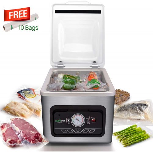  NutriChef PKVS70STS Vacuum Sealer Machine-350W Commercial 8L Chamber Type Automatic System Air Machine Meat Packing Sealing Storage Preservation Sous Vide, Vac Roll Bags, Large, St