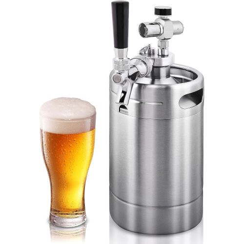  NutriChef Double Walled System-64oz Stainless Steel Growler Tap Portable Mini Keg Dispenser Kegerator Kit w/ Co2 Pressure Regulator for Craft Beer Draft/Homebrew PKBRTP99