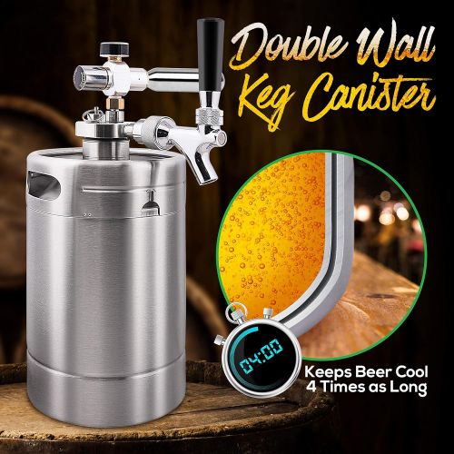  NutriChef Double Walled System-64oz Stainless Steel Growler Tap Portable Mini Keg Dispenser Kegerator Kit w/ Co2 Pressure Regulator for Craft Beer Draft/Homebrew PKBRTP99