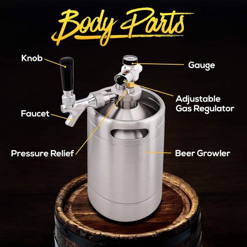  NutriChef Double Walled System-64oz Stainless Steel Growler Tap Portable Mini Keg Dispenser Kegerator Kit w/ Co2 Pressure Regulator for Craft Beer Draft/Homebrew PKBRTP99