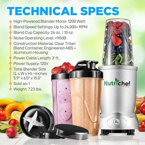  NutriChef Personal Electric Single Serve Blender - 1200W Professional Kitchen Countertop Mini Blender for Shakes and Smoothies w/ Pulse Blend, Convenient Lid Cover, Portable 10 & 24 Oz Cups