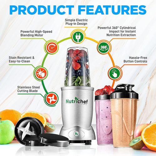  NutriChef Personal Electric Single Serve Blender - 1200W Professional Kitchen Countertop Mini Blender for Shakes and Smoothies w/ Pulse Blend, Convenient Lid Cover, Portable 10 & 24 Oz Cups