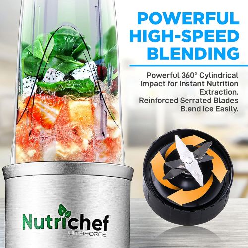  NutriChef Personal Electric Single Serve Blender - 1200W Professional Kitchen Countertop Mini Blender for Shakes and Smoothies w/ Pulse Blend, Convenient Lid Cover, Portable 10 & 24 Oz Cups