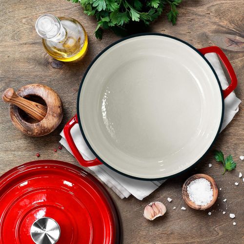  NutriChef Enameled Cast Iron Dutch Oven - 5-Quart Kitchen Round Dutch Oven Stovetop Casserole Cookware Braising Pot, Porcelain Enamel Coated Cast-Iron Baking Pots w/ Self Basting L