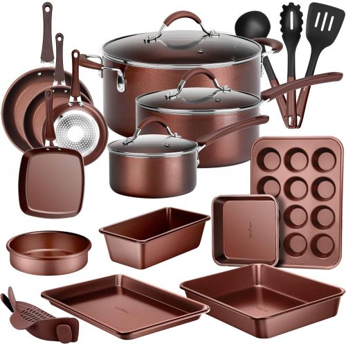  NutriChef 20-Pc. Nonstick Kitchen PTFE/PFOA/PFOS-Free Heat Resistant Silicone Handles Cookware Bakeware Set w/Saucepan, Frying Pans, Cooking, Oven Pot, Lids, Utensil, Brown-NCCW20S