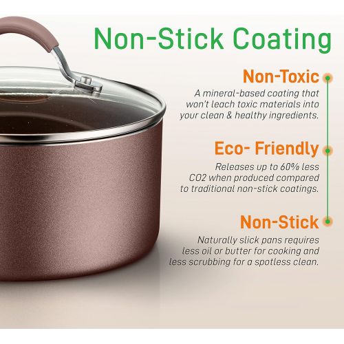  NutriChef 20-Pc. Nonstick Kitchen PTFE/PFOA/PFOS-Free Heat Resistant Silicone Handles Cookware Bakeware Set w/Saucepan, Frying Pans, Cooking, Oven Pot, Lids, Utensil, Brown-NCCW20S