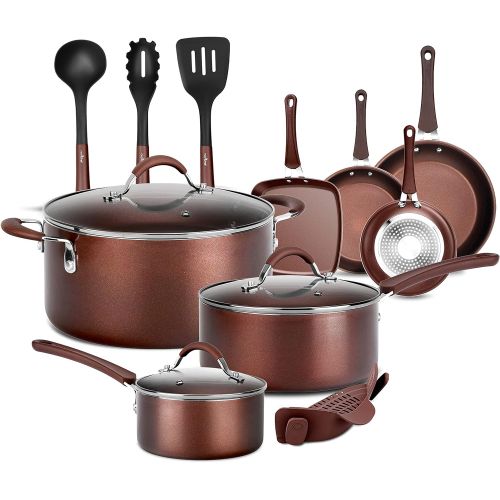  NutriChef 14-Piece Nonstick Cookware Free Heat Resistant Lacquer Kitchen Ware Set w/Saucepan, Frying Pans, Cooking, Dutch Oven Pot, Lids, Utensils, Brown NCCW14SBR