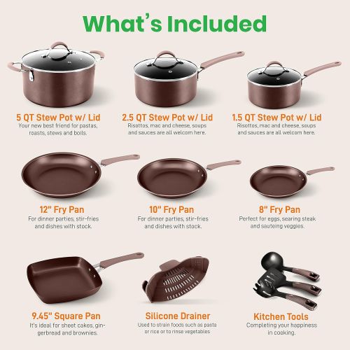  NutriChef 14-Piece Nonstick Cookware Free Heat Resistant Lacquer Kitchen Ware Set w/Saucepan, Frying Pans, Cooking, Dutch Oven Pot, Lids, Utensils, Brown NCCW14SBR