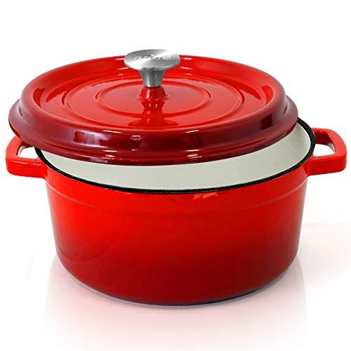  NutriChef Enameled Cast Iron Dutch Oven - 5-Quart Kitchen Round Dutch Oven Stovetop Casserole Cookware Braising Pot, Porcelain Enamel Coated Cast-Iron Baking Pots w/ Self Basting L