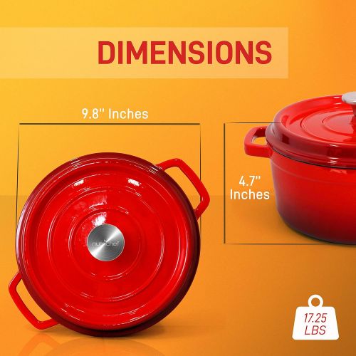  NutriChef Enameled Cast Iron Dutch Oven - 5-Quart Kitchen Round Dutch Oven Stovetop Casserole Cookware Braising Pot, Porcelain Enamel Coated Cast-Iron Baking Pots w/ Self Basting L