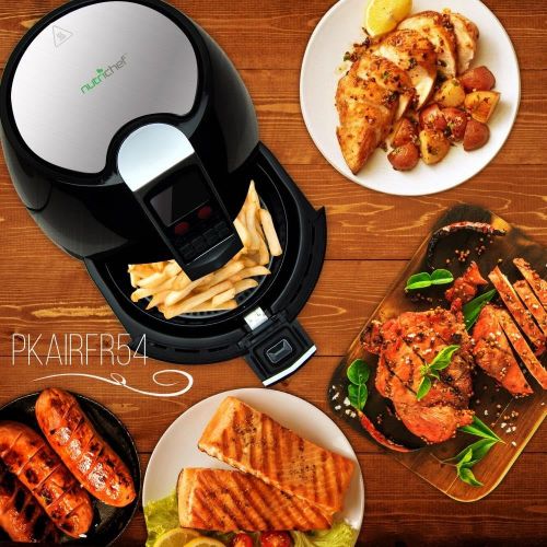  NutriChef Hot Air Fryer Oven - w/Digital Display, Electric Big 3.7 Qt Capacity Stainless Steel Kitchen Oilless Convection Power Multi Cooker w/Basket Pan - Use for Baking, Grill -