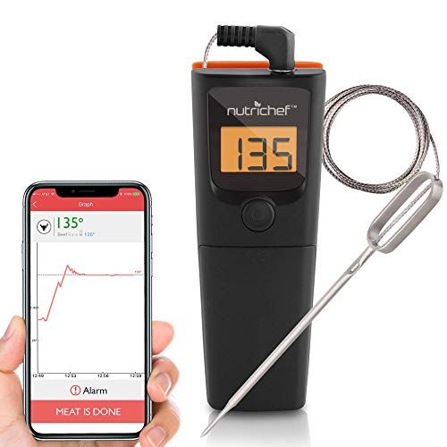  NutriChef PWIRBBQ90 Bluetooth Meat Thermometer - for Grilling Smart Wireless Kitchen Remote Instant Read BBQ Temperature Probe for Grill, Oven, Smoker, Cooking, Smoking Food w/ Dig