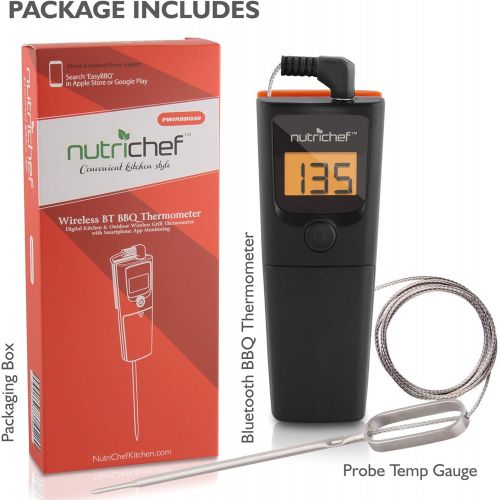  NutriChef PWIRBBQ90 Bluetooth Meat Thermometer - for Grilling Smart Wireless Kitchen Remote Instant Read BBQ Temperature Probe for Grill, Oven, Smoker, Cooking, Smoking Food w/ Dig